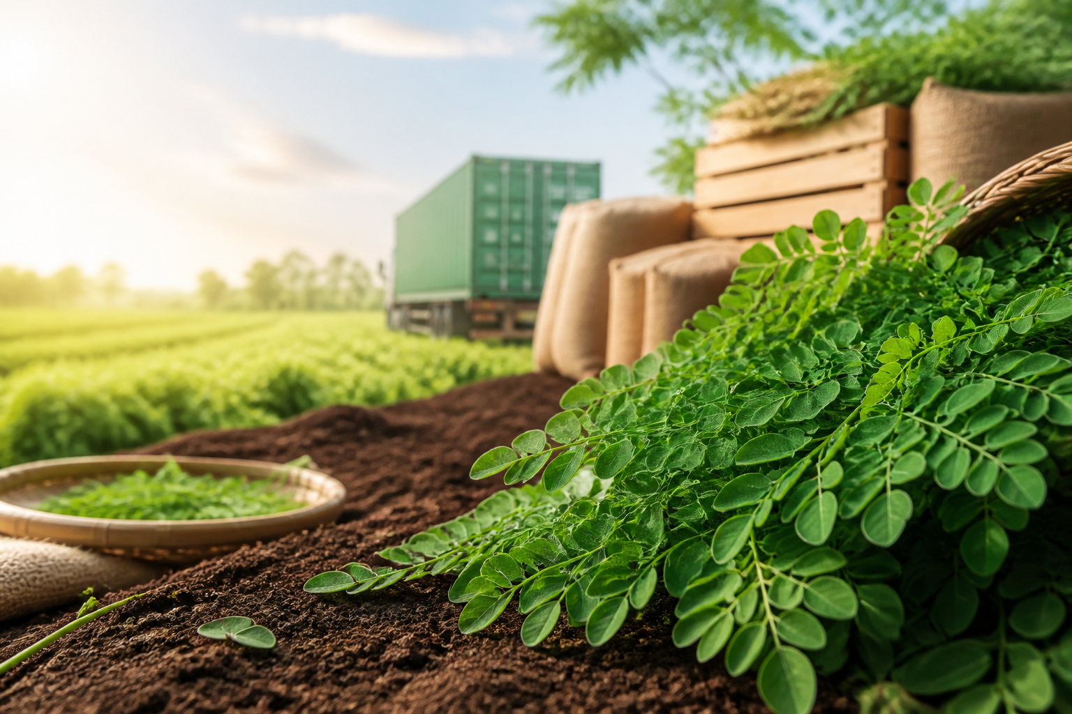 Fresh moringa leaves harvested from rich soil for export